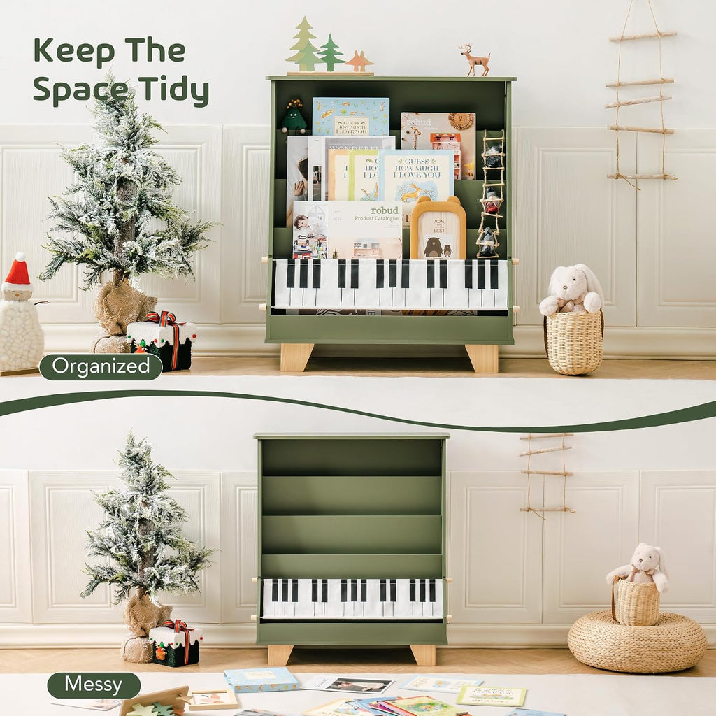 ROBOTIME 4-Tier Kids Bookshelf - Toddler Bookshelf for Classrooms, Playrooms, and Nursery - Wooden Kids Bookcase Front and Back Storage, Children Book Rack for Boys, Girls (Green)