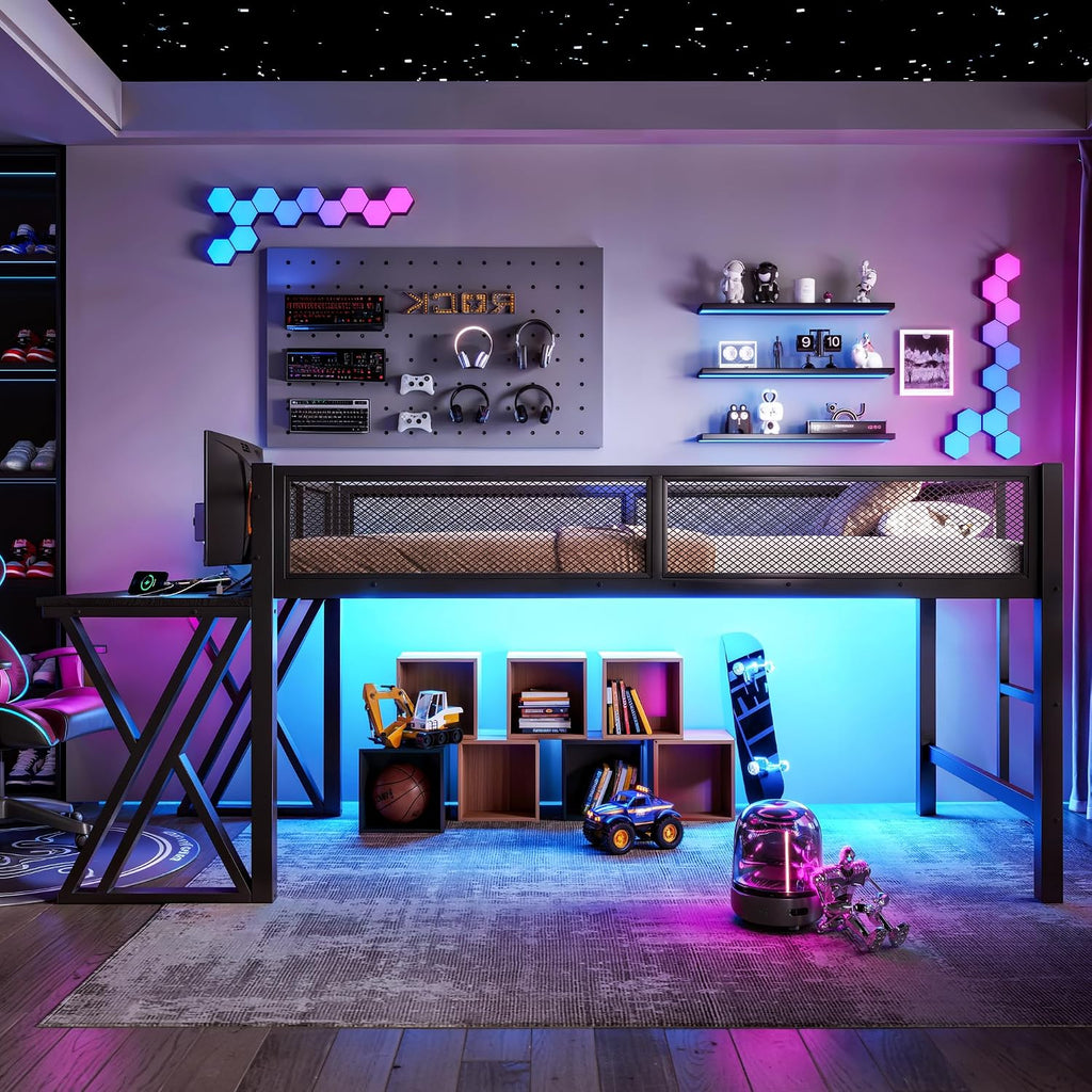 Twin XL Size Gaming Loft Bed with Desk of X-Shaped Leg, LED Lights & USB Ports, Space-Saving Low Metal Loft Bed Frame with Ladder & Mesh Guardrail for Dorm, Bedroom & Gaming Setups (Black-03, Twin XL)