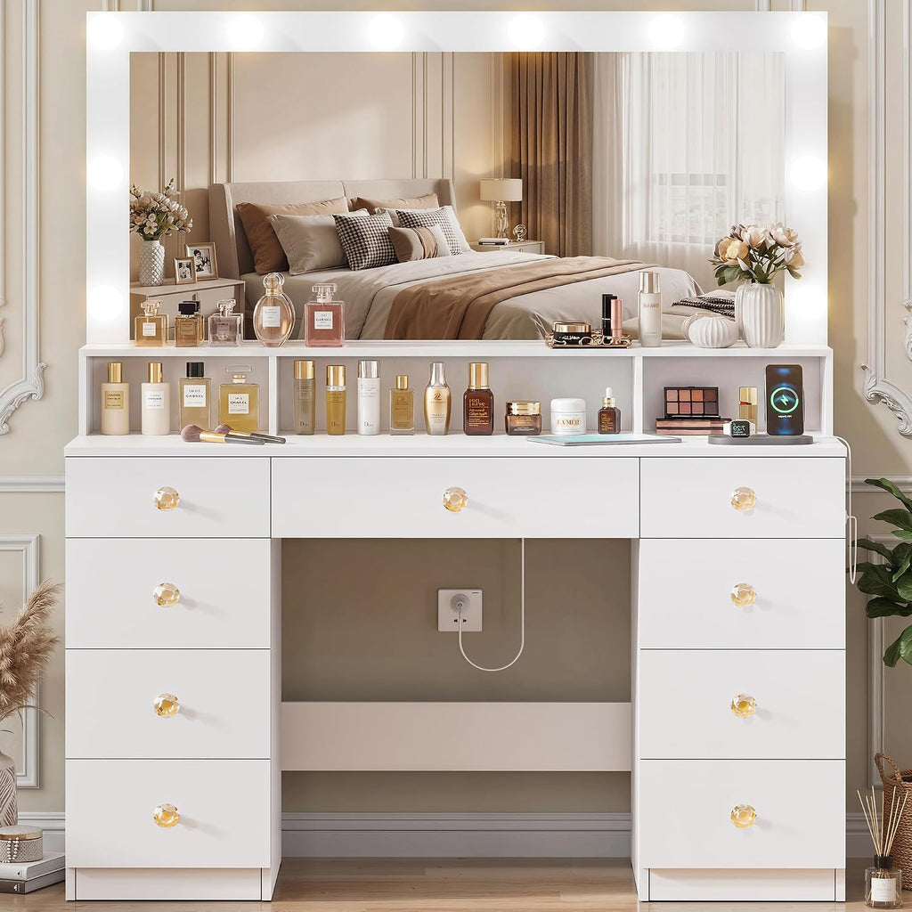 Vanity Desk with Mirror and Lights, Makeup Vanity Table with Power Outlet, 9 Drawers & Storage Shelf, Bedroom Dressing Table Vanity Set for Girls, Women, White (39.3' Large Mirror)