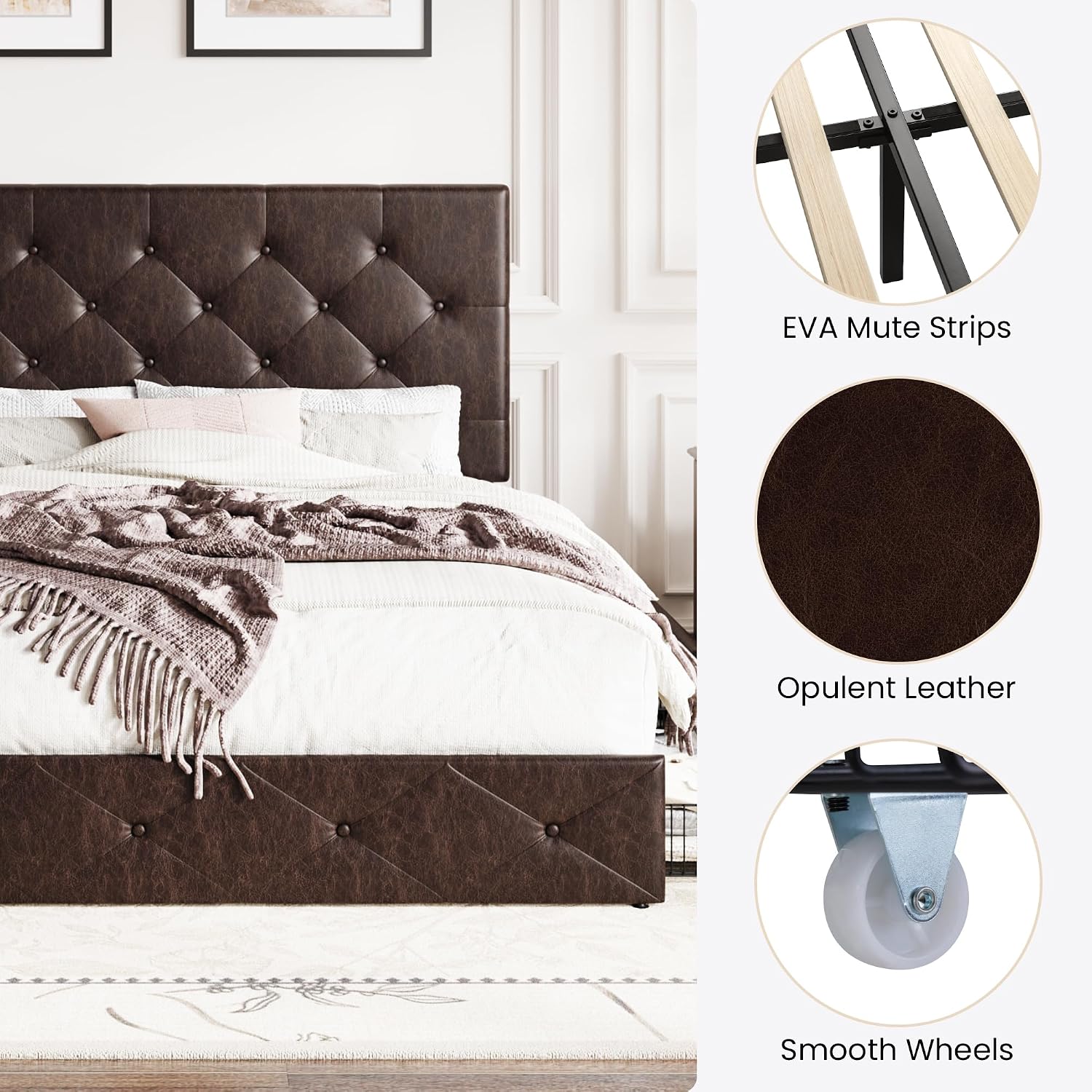 SHA CERLIN Upholstered Full Size Platform Bed Frame with 4 Storage Drawers, Adjustable Headboard with Diamond Stitched Button Tufted Design, Wooden Slat Support, No Box Spring Needed, Black Brown