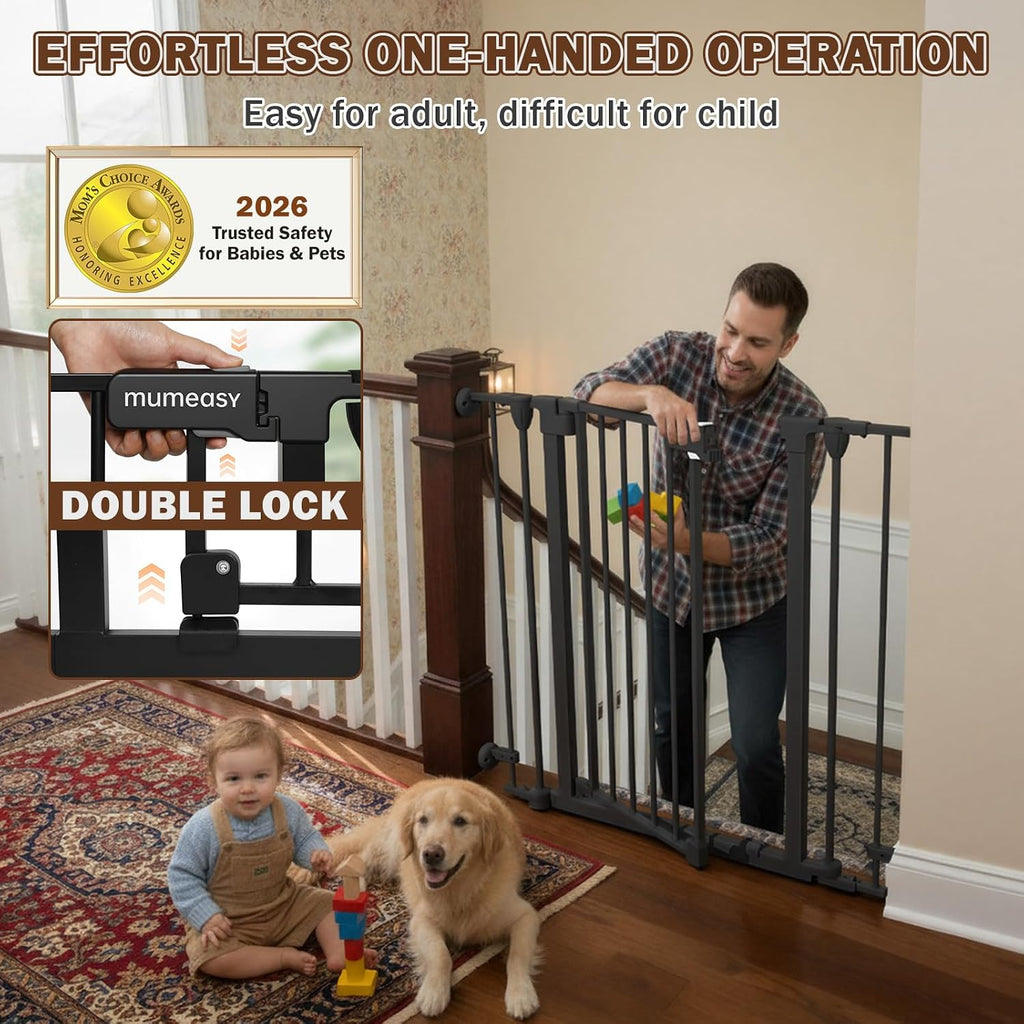 Mumeasy 126' Extra Wide Baby Gate for Doorways, Stairs & Fireplace, Auto Close Safety Dog & Pet Gate with Walk Thru Door, Childproof Fence for Hallway Kitchen House Indoor Outdoor,5 Metal Panels,Black