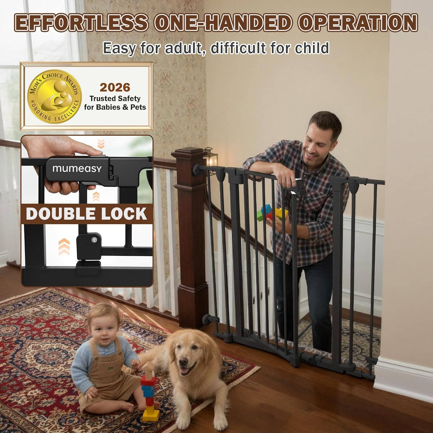 Mumeasy 126' Extra Wide Baby Gate for Doorways, Stairs & Fireplace, Auto Close Safety Dog & Pet Gate with Walk Thru Door, Childproof Fence for Hallway Kitchen House Indoor Outdoor,5 Metal Panels,Black