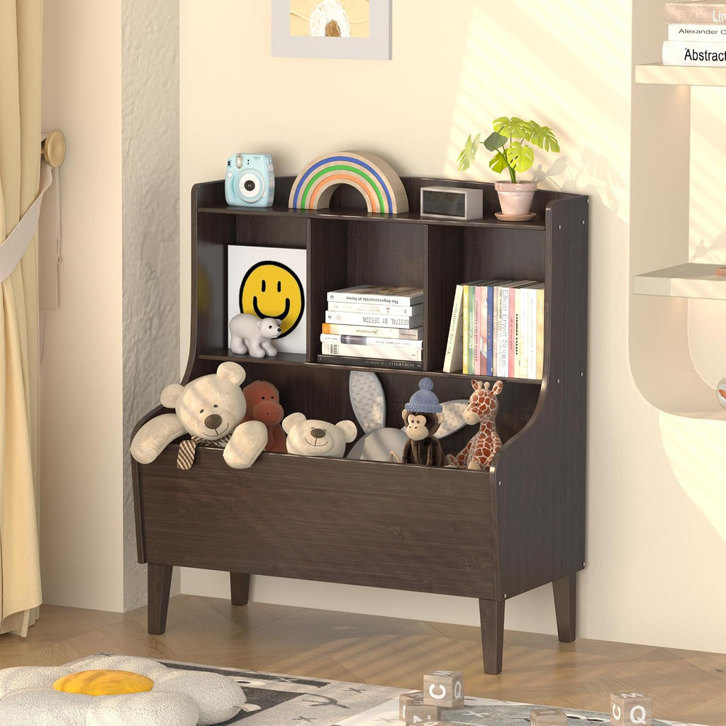 Kids Bookshelf and Toy Storage Organizer，Bamboo Bookcase，Fit for Children's Room, Playroom, Bedroom,Hallway, Kindergarten (Walnut Brown)
