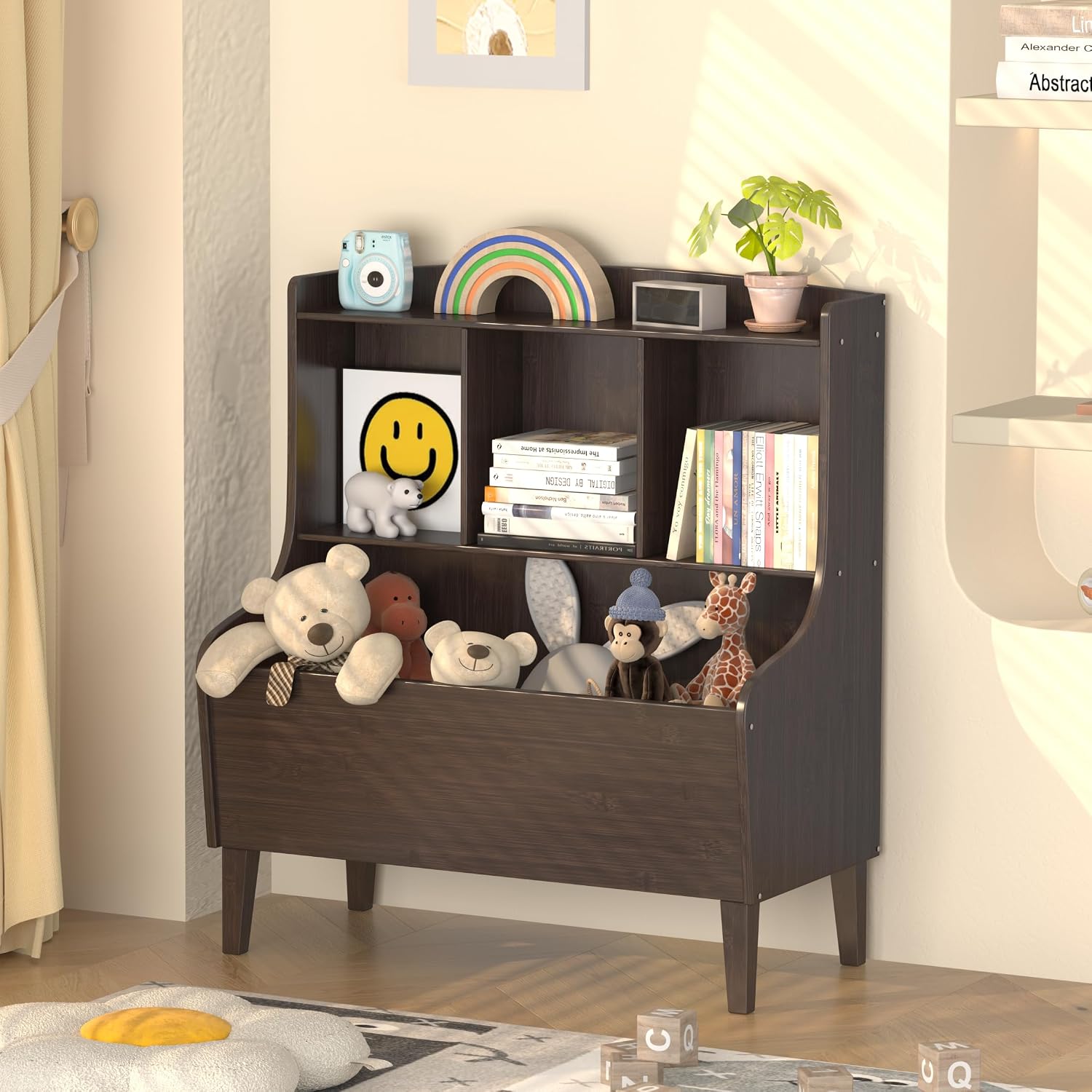 Kids Bookshelf and Toy Storage Organizer，Bamboo Bookcase，Fit for Children's Room, Playroom, Bedroom,Hallway, Kindergarten (Walnut Brown)