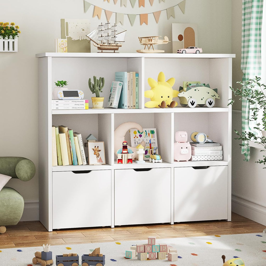 Teckid 2-in-1 Kids Bookshelf and Toy Storage Organizer, Kids Storage Cabinet with 5 Open Cubbies and 3 Rolling Drawers, Multifunctional Toy Chest for Playroom Bedroom Living Room, White