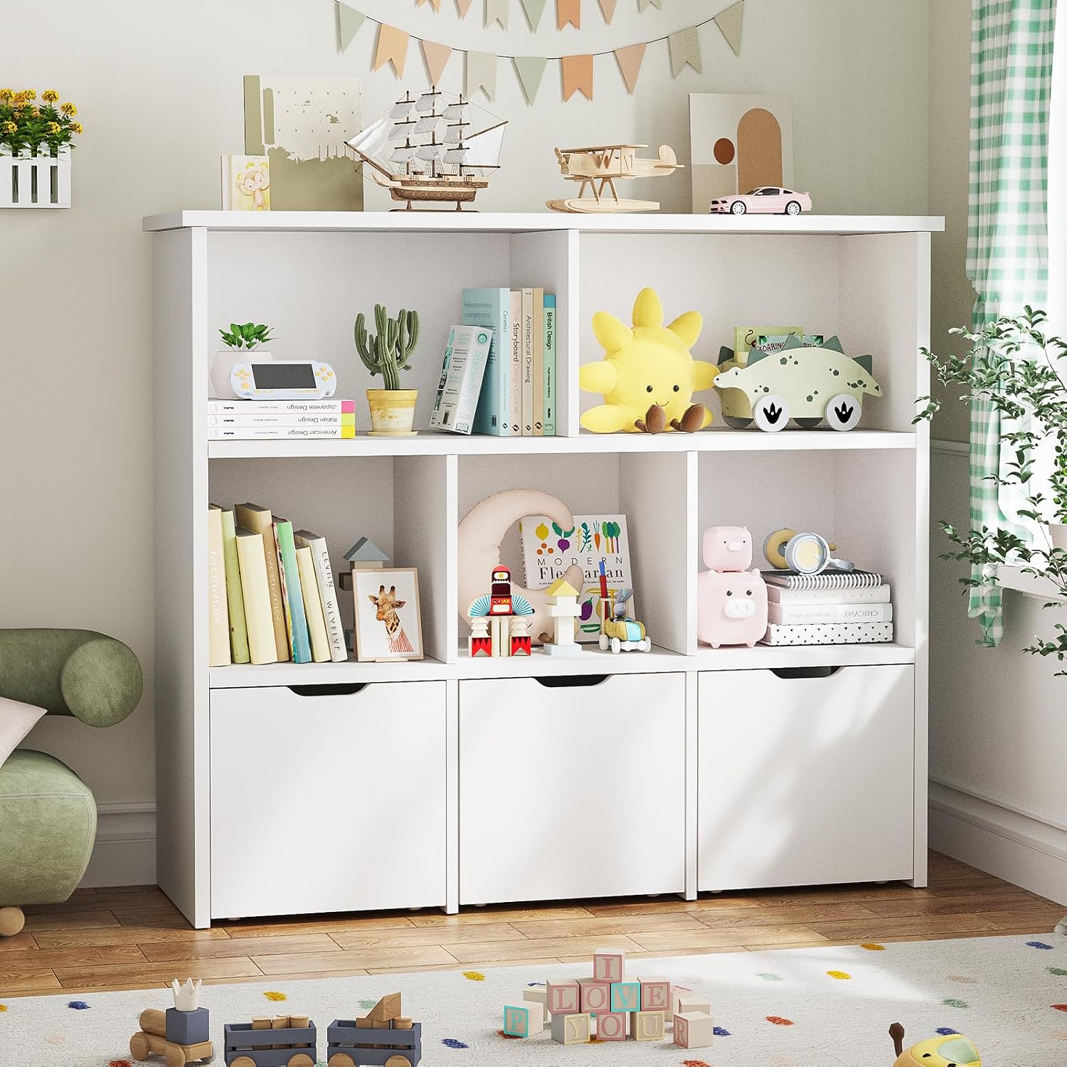 Teckid 2-in-1 Kids Bookshelf and Toy Storage Organizer, Kids Storage Cabinet with 5 Open Cubbies and 3 Rolling Drawers, Multifunctional Toy Chest for Playroom Bedroom Living Room, White