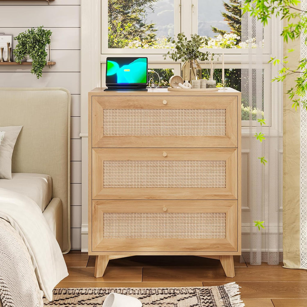 AOGLLATI Rattan Night Stand Set of 2, Boho Nightstand with Charging Station and 3 Drawers, 2 USB Ports and 2 AC Outlets, Rattan Bedside End Table with Solid Wood Legs for Bedroom
