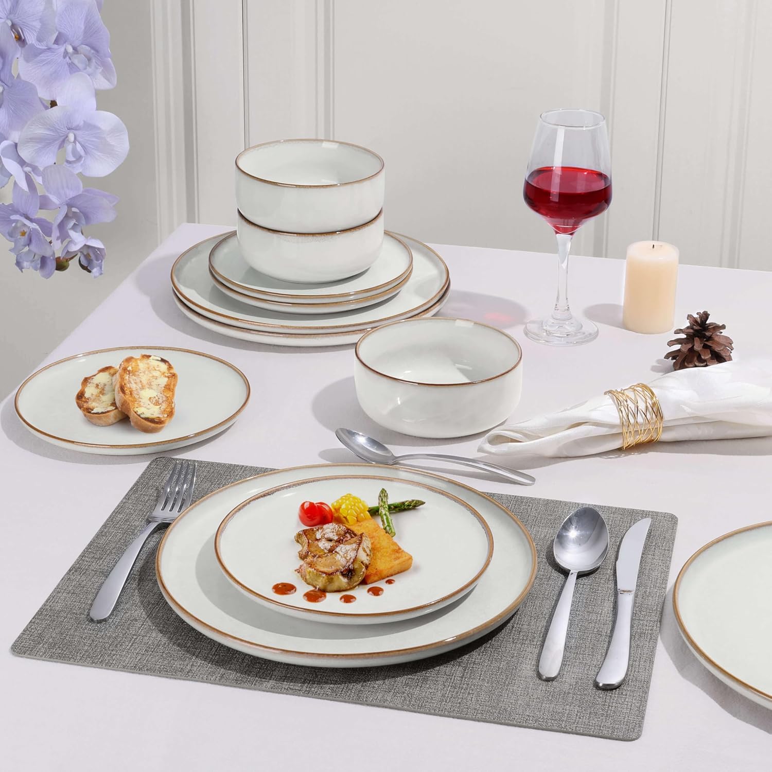 Herogo 24 Pieces Stoneware Dinnerware Dishes Sets for 8, Kitchen Handmade Dining Plates and Bowls Sets, Double Reactive Glaze, Microwave & Dishwasher Safe, Scratch Resistant, Ivory White