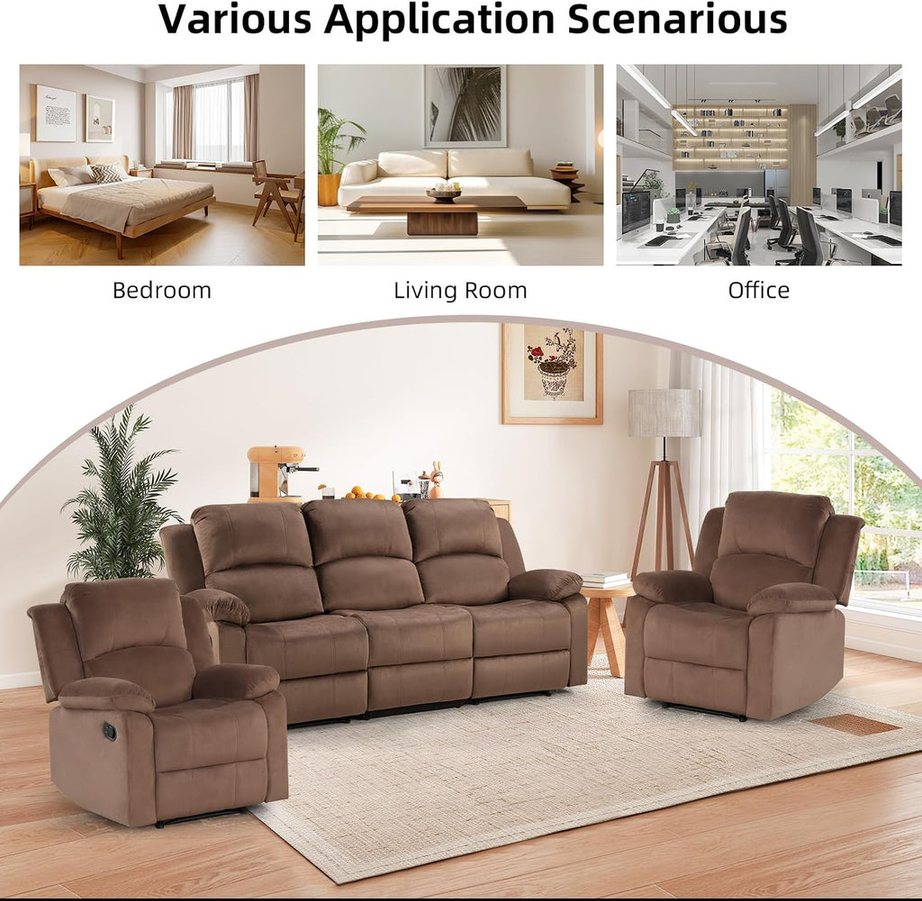 EBELLO Manual Recliner Sofa Set, Modern Microfiber Reclining Couch Furniture Set for Living Room, Includes 2 Recliner Chair and 1 3-Seater Reclining Couch for Home Theater and Office, Brown