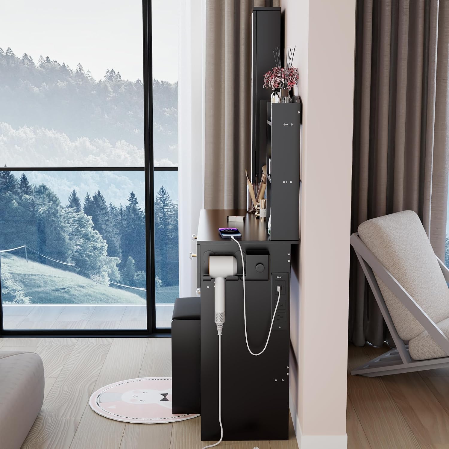 Modern Vanity Desk with Lights Detachable Full-Length Mirror Cabinet Power Outlet Makeup Dressing Table Vanity Set with Stool 4 Drawers Open Shelves for Bedroom Girl Women Vanity Gift (Black)