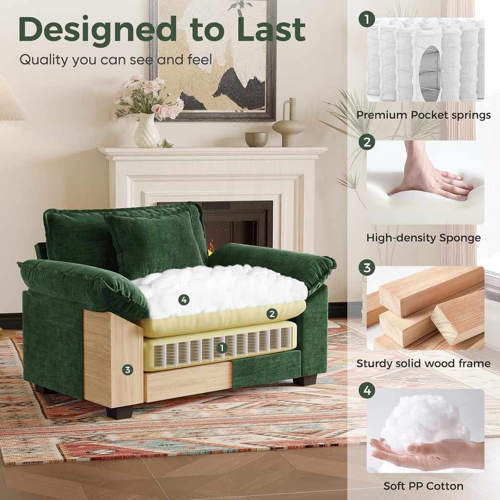 HUSFU 49.5'' W Oversized Accent Chair, Chenille Cloud Sofa Chair with Deep Seat and Extra Wide Armrests, Comfy Reading Armchair for Bedroom, Living Room, Set of 2, Green