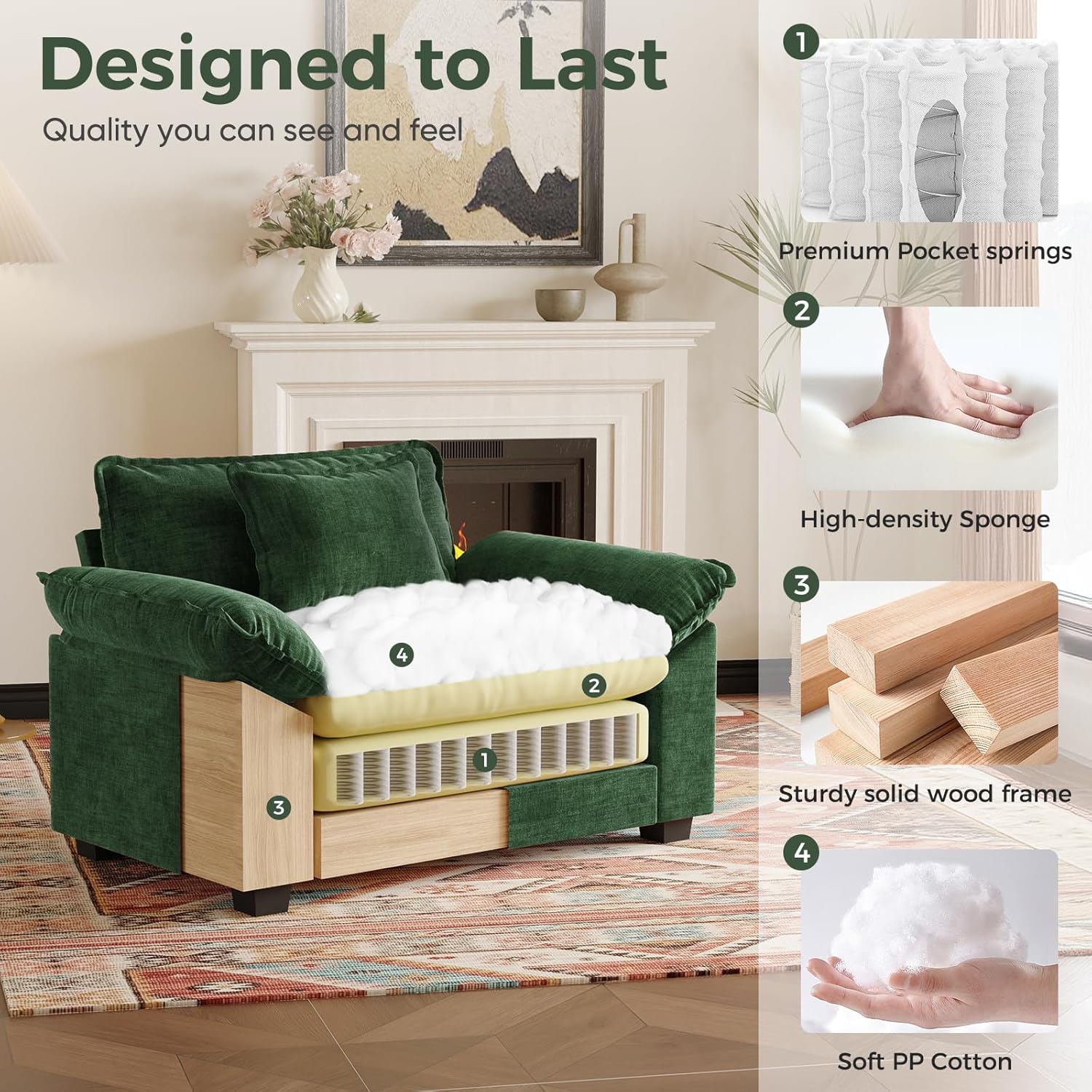 HUSFU 49.5'' W Oversized Accent Chair, Chenille Cloud Sofa Chair with Deep Seat and Extra Wide Armrests, Comfy Reading Armchair for Bedroom, Living Room, Set of 2, Green