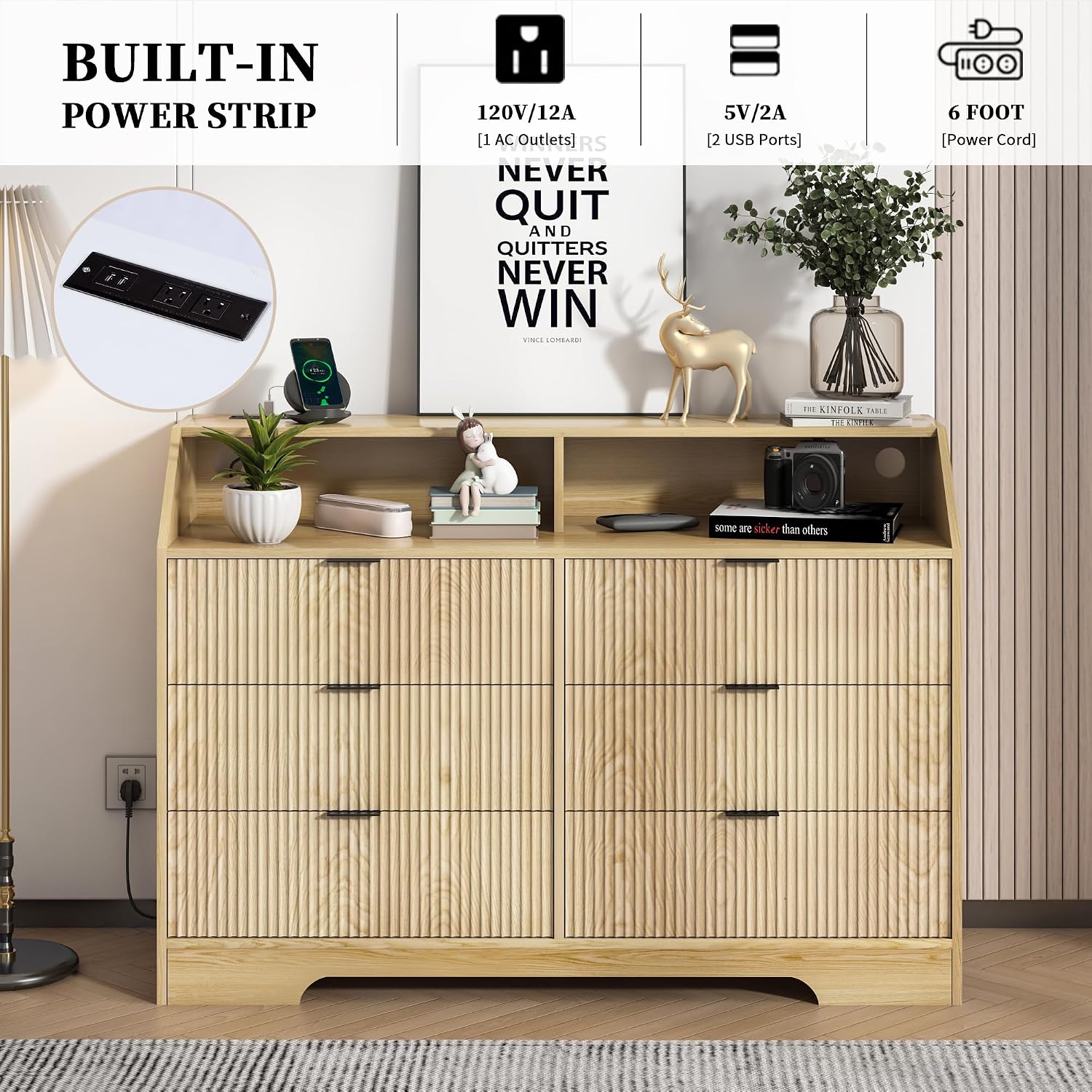 Fluted Dresser for Closet, Boho Bedroom 6 Drawer Dresser TV Stand with Charging Station, Oak Wide Chest of Drawers, Farmhouse Wood Closet Clothes Storage for Living Room, Metal Handle, 47'
