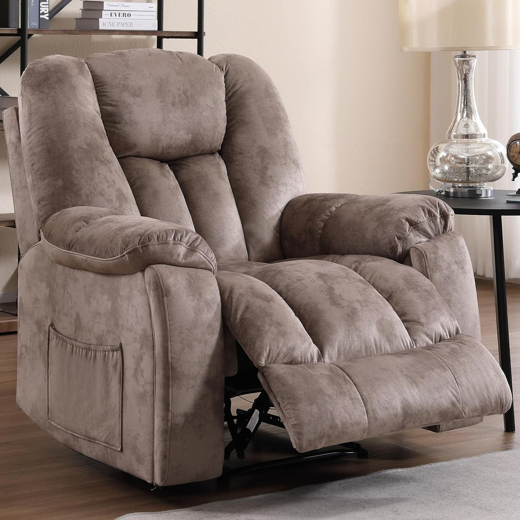 EBELLO Manual Recliner Chair with Massage and Heat, Soft Fabric Massage Recliner for Adults with Hidden Cup Holders, Side Pocket, Overstuffed Single Reclining Sofa for Living Room, Brown