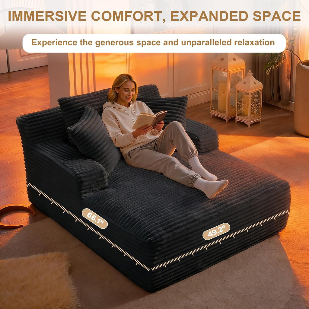 Oversized Chaise Lounge Chair Indoor, 66' Cloud Boneless Sleeper Couch Corduroy Upholstered Sofa Bed Deep Seat Comfy Reading Chair with 3 Pillows for Living Room Bedroom, Dark Grey