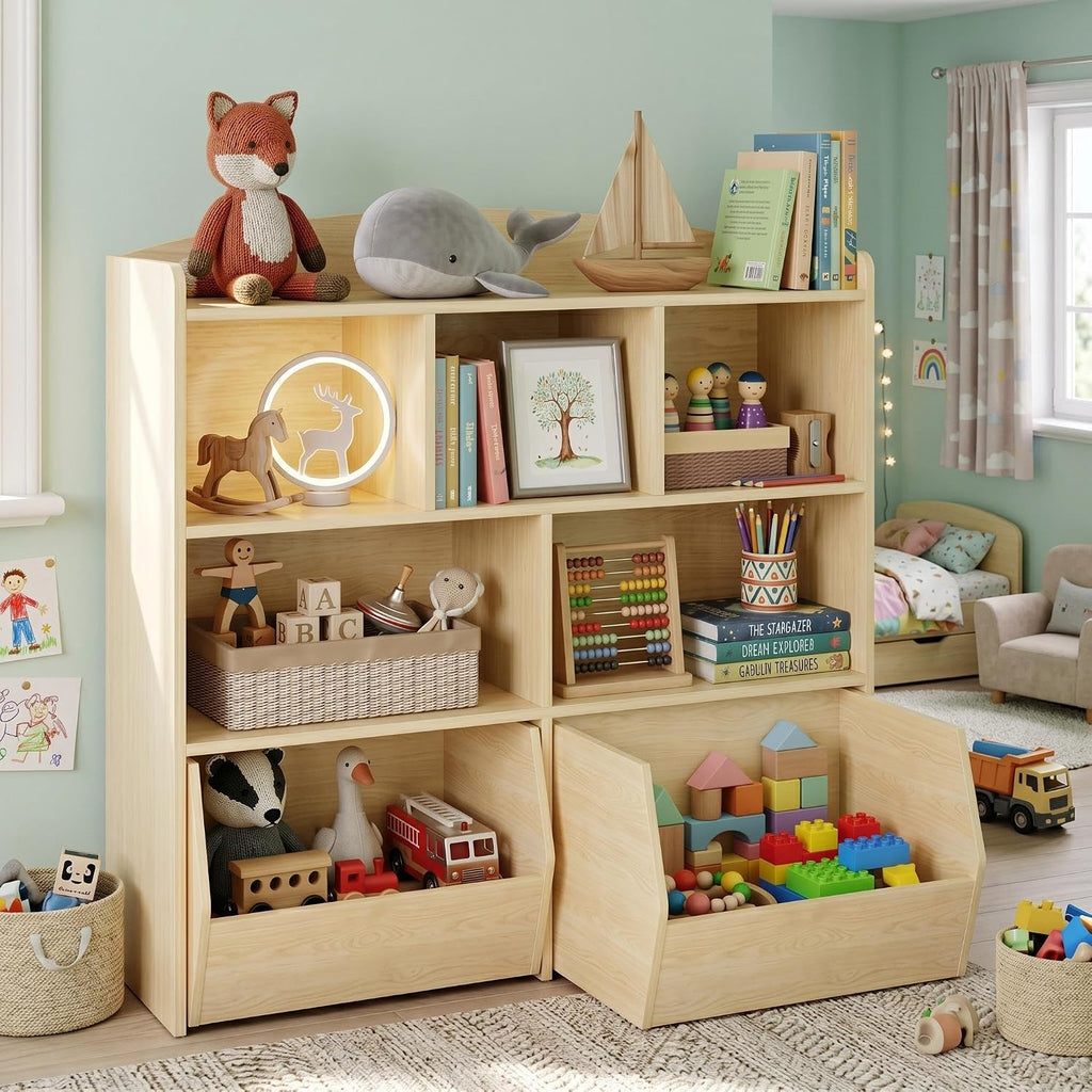 IDEALHOUSE Toy Storage Organizer with Movable Drawers, Kids Bookshelf with Hidden Wheels and 5 Open Cubbies, Multifunctional Storage Cabinet Chest for Playroom