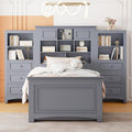 Twin Size Platform Bed with All-in-One Vertical Cabinet Bookcase, Solid Wood Captain's Bed Platform Bed Frame with 4 Drawers on Each Side, Storage Headboard (Grey-A)