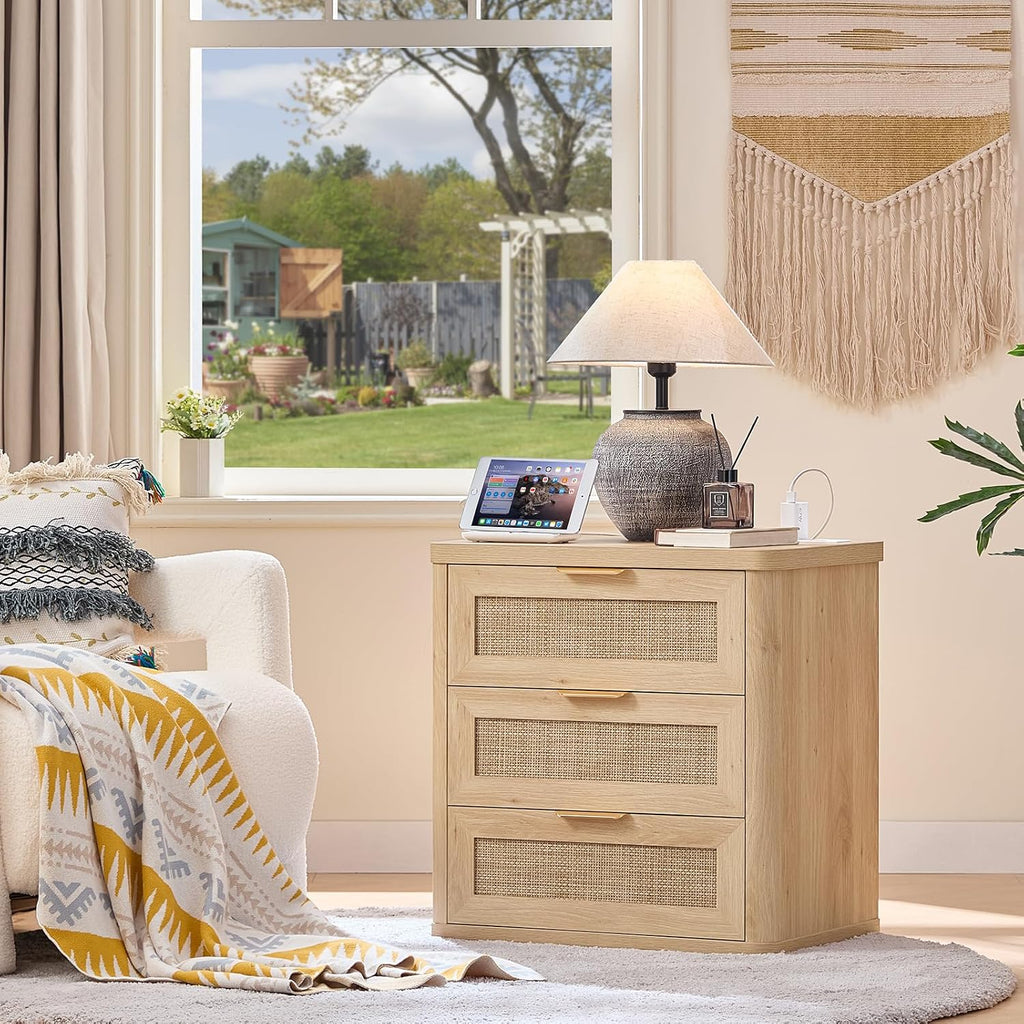 LEYAOYAO Rattan Night Stand with Charger Station, 23' Large 3 Drawer Boho Nightstand, Natural Wood Bedside Table Storage Cabinet, Bed Side End Tables for Bedroom, Living Room, Hallway