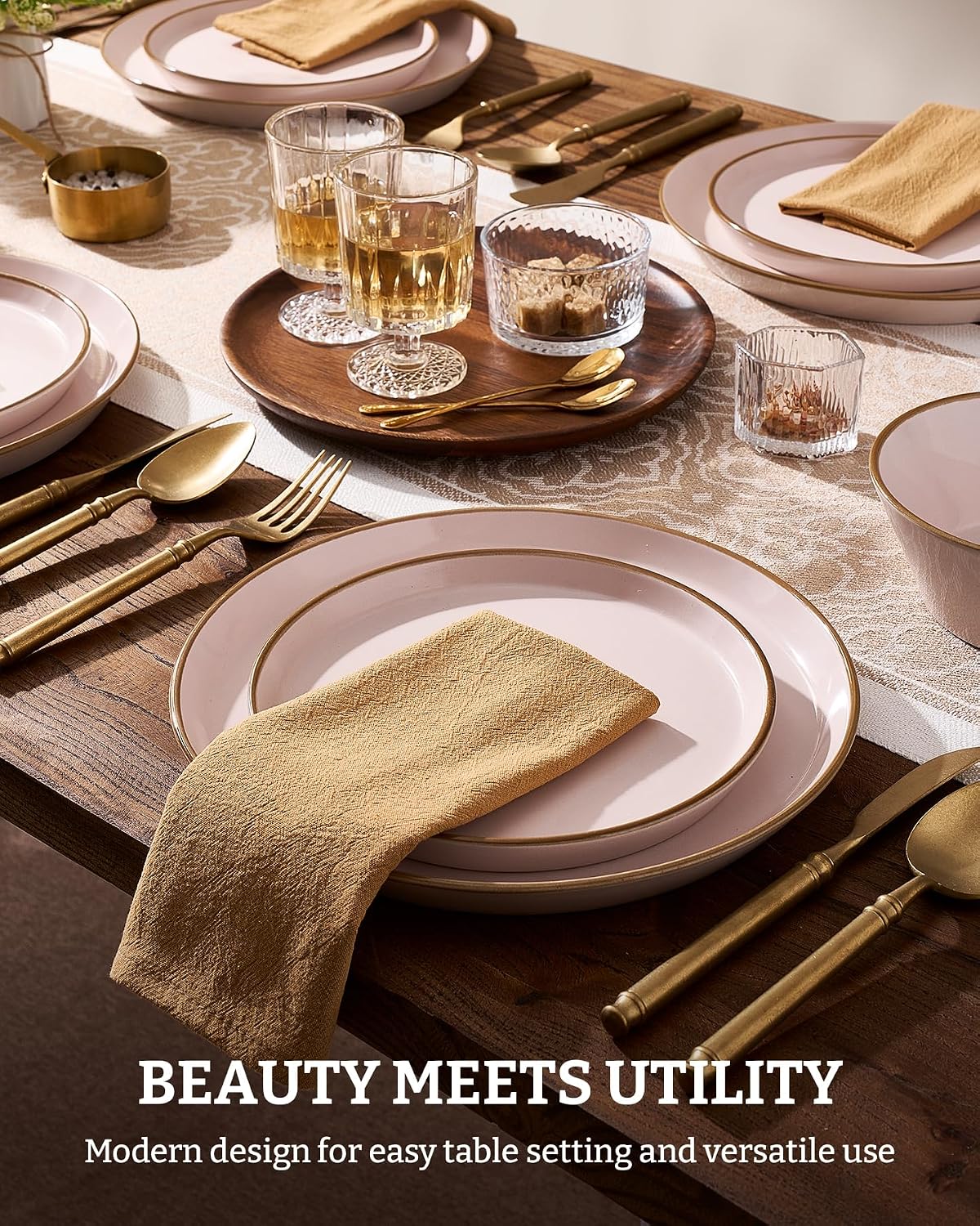 Famiware Saturn Plates and Bowls Dish Sets for 6 (18 Pieces), Stoneware Dinnerware Set with Hand-Painted Trim - Chip & Scratch Resistant, Microwave & Dishwasher Safe Ceramic Dishes, Light Pink