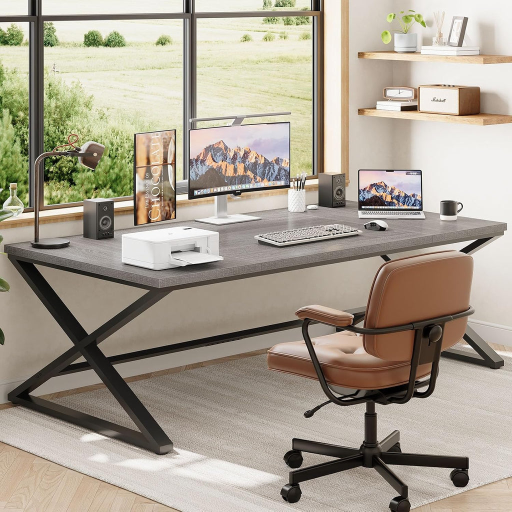 IBF Extra Large Desk, 78.7' Long Home Office Computer Desk, Simple Wide Work Desks for Writing Study in Bedroom, Industrial Wood Metal Game Desks Executive Workstation Conference Table, Light Grey Oak