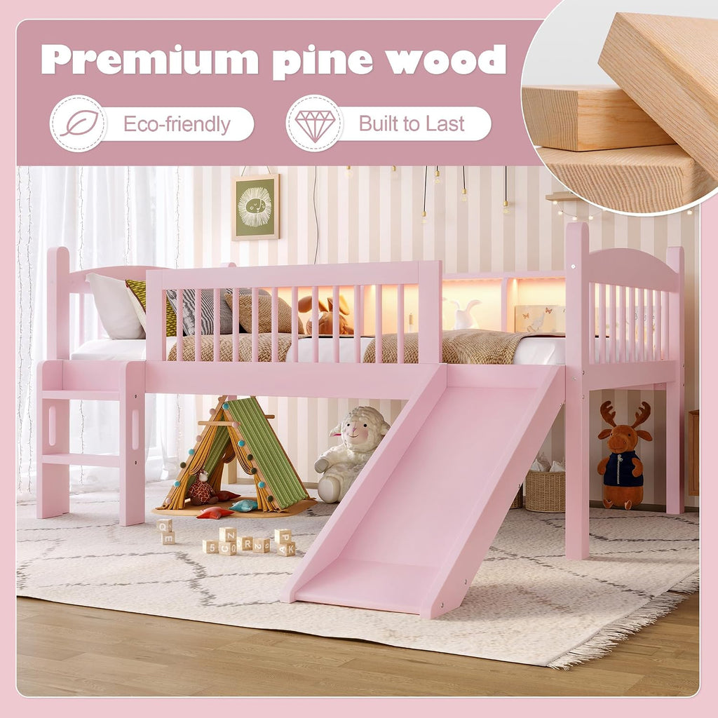JIVOIT Twin Loft Bed with Storage Shelves, Solid Wood Lower Loft Bed with Full-Length Guardrails, Wood Slats Support, Space-Saving Design, No Box Spring Needed (Pink,Twin,51)