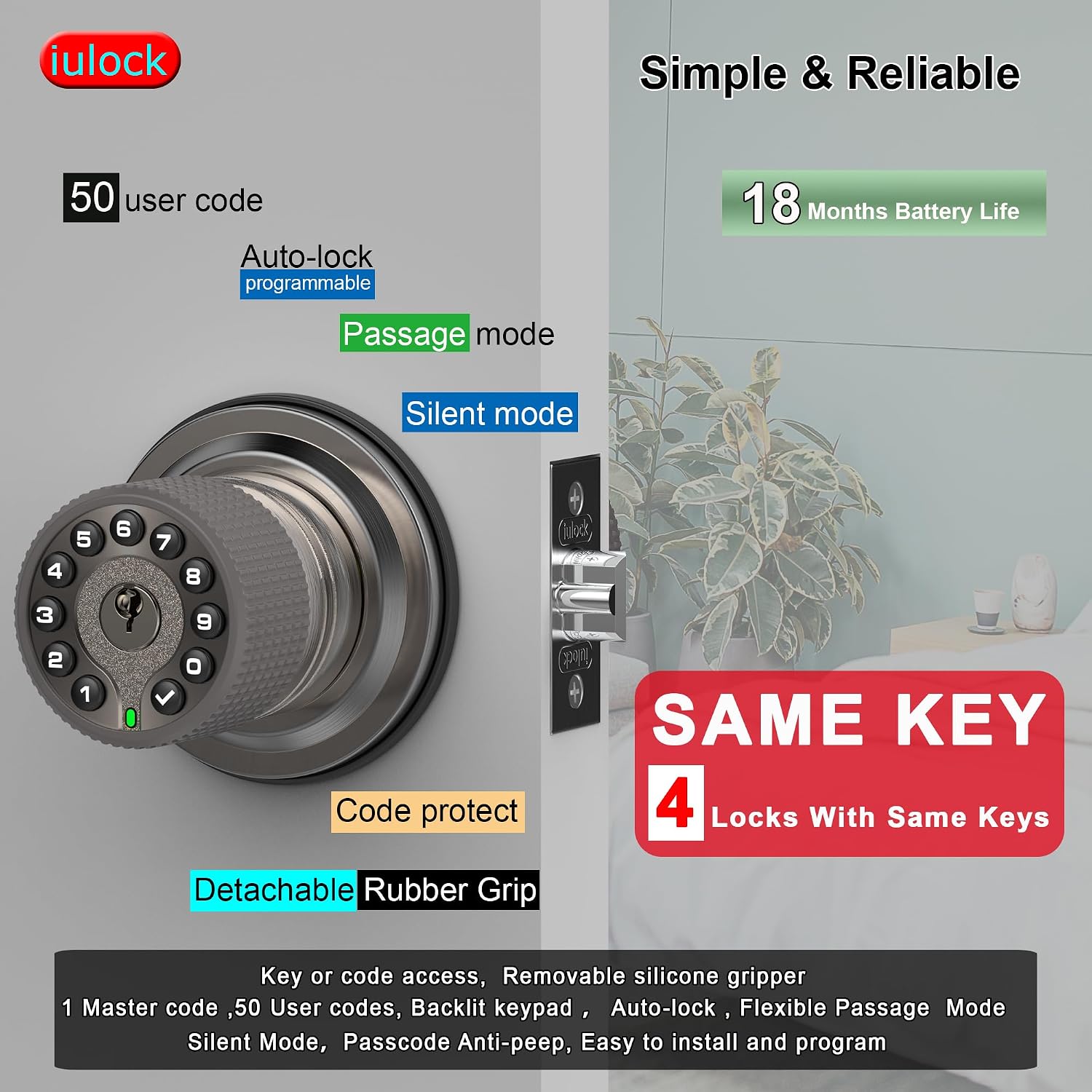iulock Smart Door Knob with Keypad and Key,Keyless Entry Door Lock with Rubber Grip, Auto Lock,50 User Code,Waterproof, Easy to Install and Program for Bedroom(Stain Nickel Same Key 4 Pack)