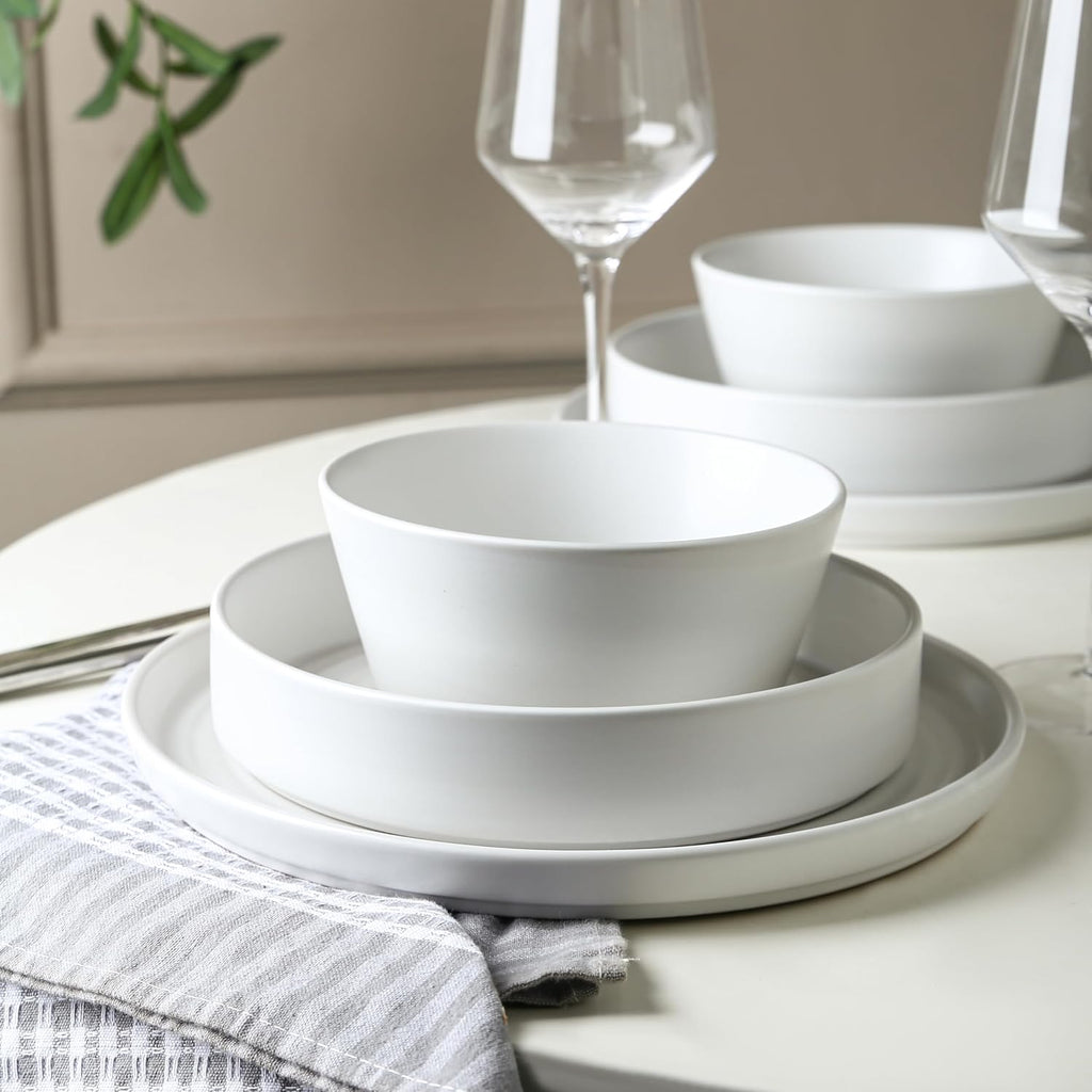 Stone Lain Elica 24-Piece Modern Dinnerware Set Stoneware, Plates and Bowl Sets for 8, White