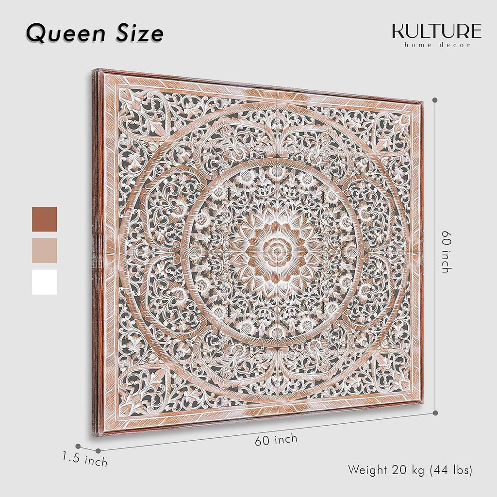 Manusa Antic Custom Engraved Wood Headboard Panels, Personalized Hand Carved Mandala Boho Bedroom Wall Decor, King or Queen, Hardware Included
