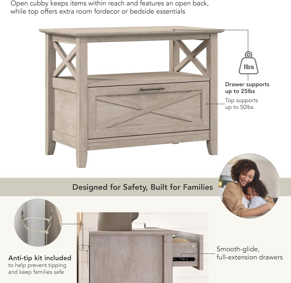 Bush Home 32-Inch Nightstand with Drawer, Farmhouse X Design Bedside Table for Bedroom and Living Room Storage and Organization, Small End Table Furniture, Key West Collection, Washed Gray