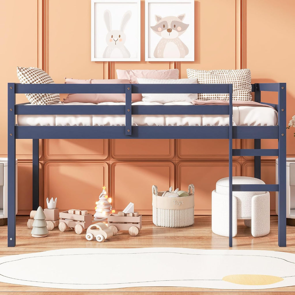 JIVOIT Twin Size Loft Bed with Ladder, Solid Rubber Wooden Low Height Loft Bed, Bed Platform of Strengthened Slats, No Box Spring Needed (Blue//14)