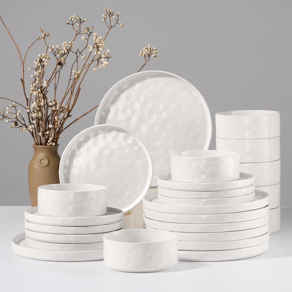 HaWare Dinnerware Sets, 24-Piece Plates and Bowls Set, Stoneware Dish Set for 8, Ceramic Dinnerware for Home Restaurant, Chip and Scratch Resistant, Microwave and Dishwasher Safe, Speckled White