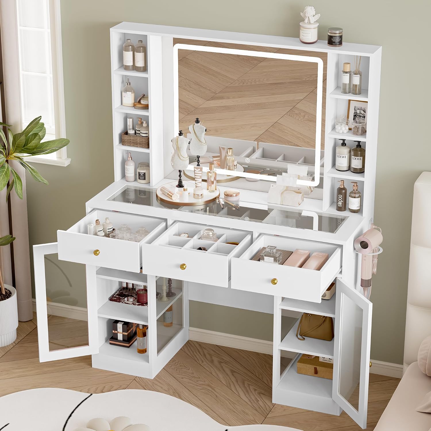 Makeup Vanity Desk with Mirror and Lights, 43' White Vanity with Glass Top, Jewelry Storage, 3 Drawers & Glass Cabinets, Power Outlet & Adjustable LED Lights, Dressing Table for Women & Girls Bedroom
