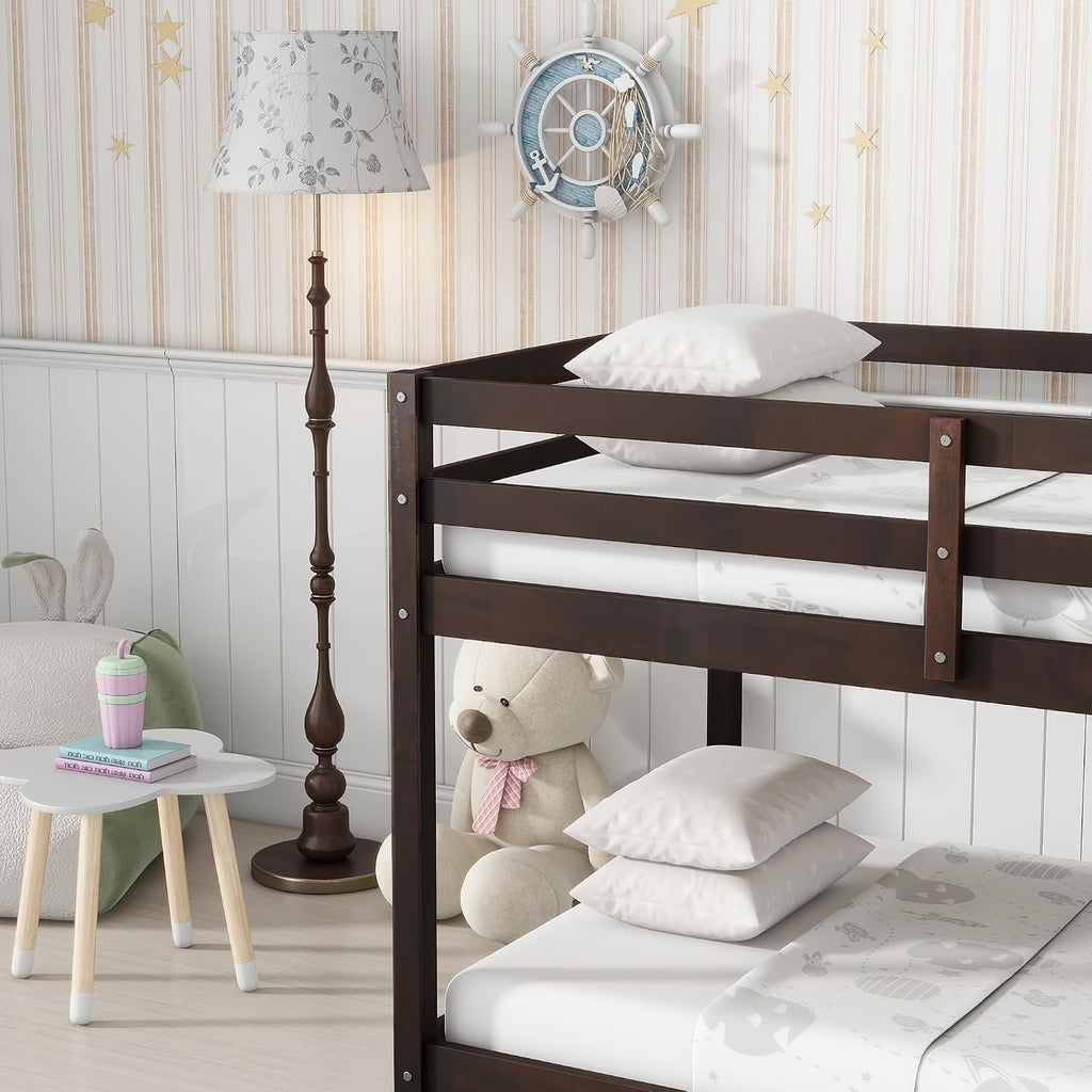 Ball & Cast Twin Over Twin Bunk Bed,Solid Rubber Wooden Low Floor Platform Bed with Ladder and Full Length Guardrail,Slat Support,Bedroom Furniture for Girls Boys,Espresso