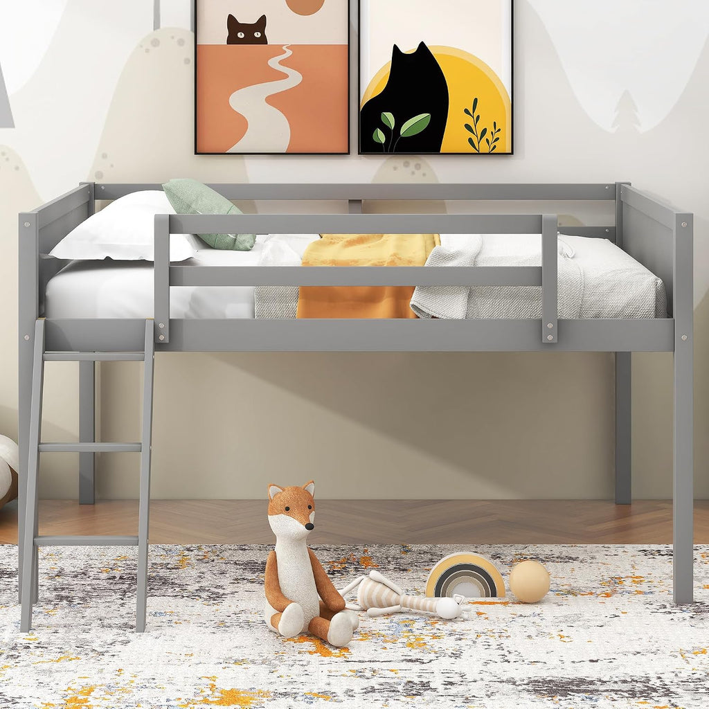 Full Size Loft Bed, Wood Loft Bed with Convertible Ladder, Ladder can be Placed on the Left or Right, Low Loft Bed with Full-Length Guardrails, No Box Spring Required (Gray,Full & Convertible Ladder)