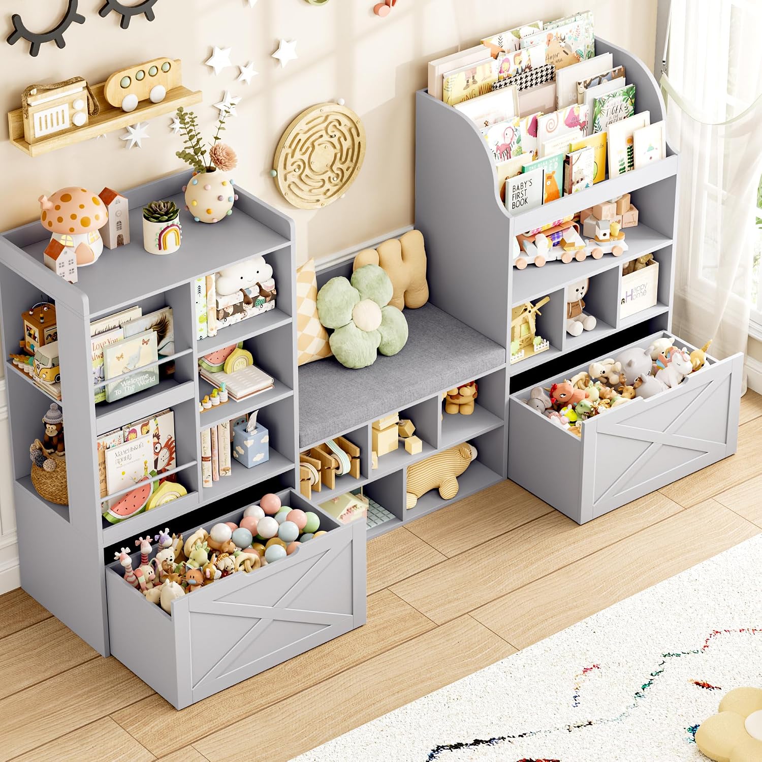FINETONES 75' W Kids Bookshelf with Reading Nook, Large Toy Storage Toy Organizer with Seat Cushion and 2 Movable Drawers, Kids Reading Nook Kid Bench for Playroom Living Room, Grey