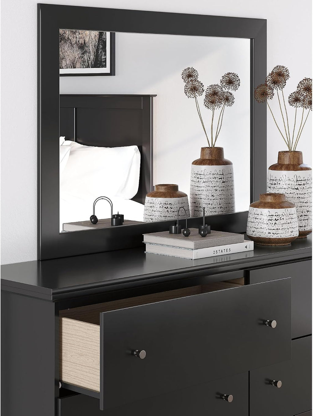 Signature Design by Ashley Maribel Traditional 6-Drawer Dresser and Mirror with Safety Stop, Black