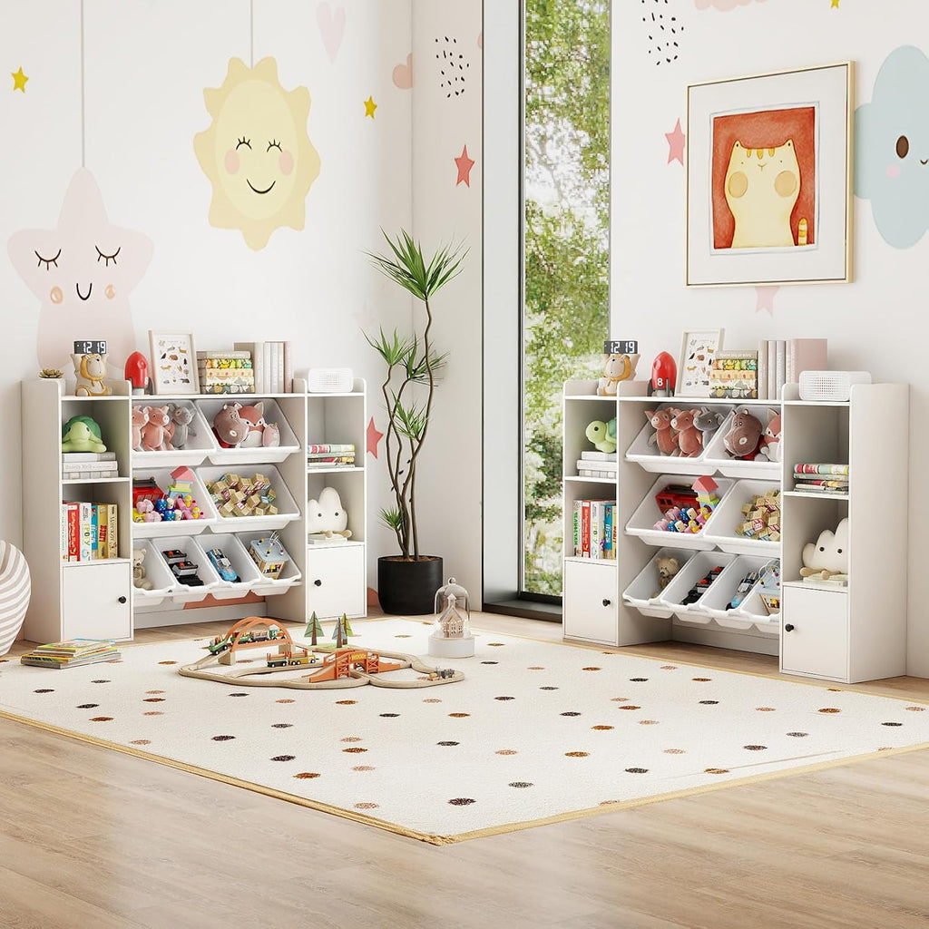 Costzon Kids Toy Storage Organizer w/ 8 Bins, Wooden Toddler Bookcase w/Open Shelves & Cabinet, Multifunctional Toy Storage Cabinet for Kids Room, Nursery & Playroom
