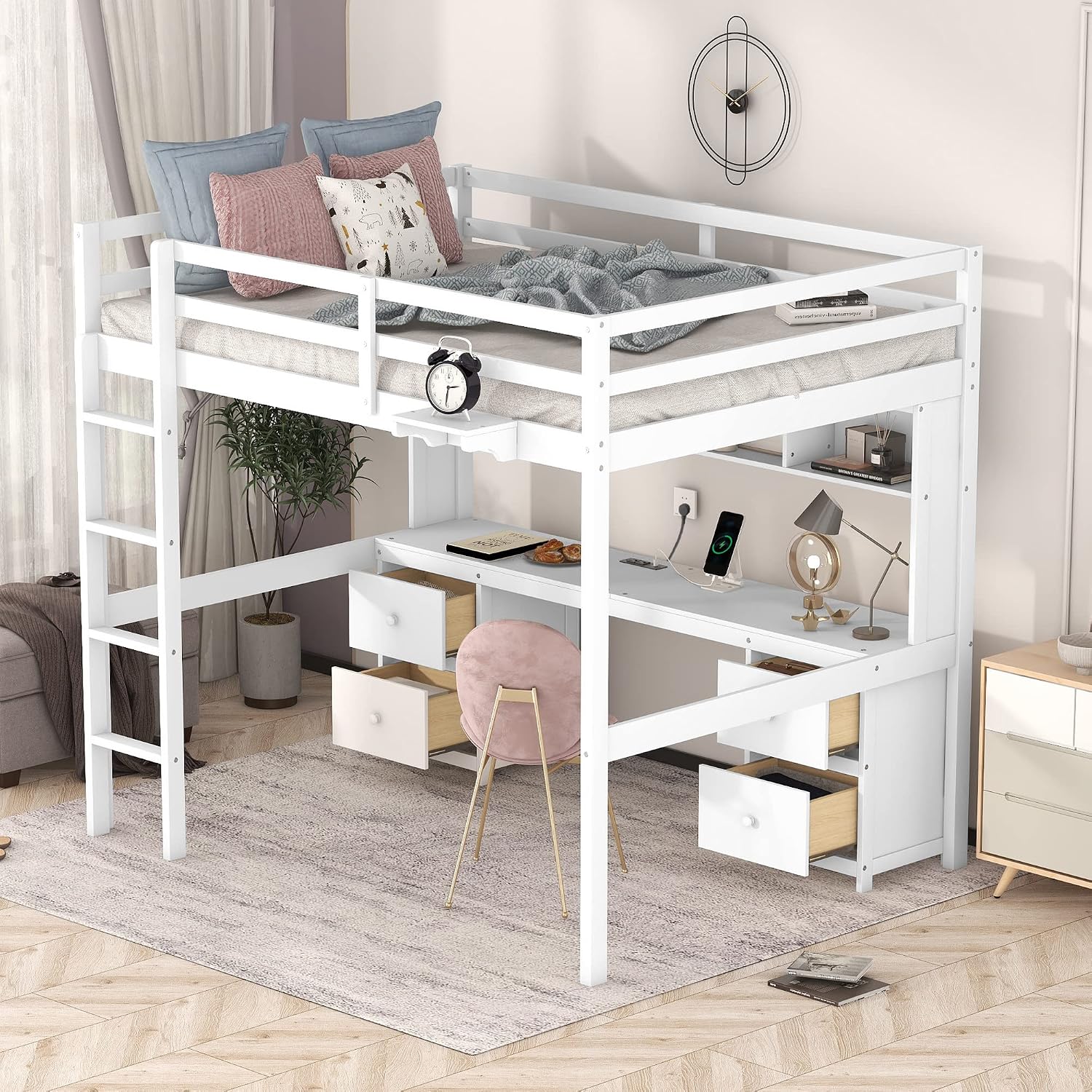Full Size Loft Bed with Desk and Cabinets,Multifunctional Storage Solid Wood Bed Frame w/Drawers,Bedside Tray,Charging Station,Integrated Ladder,for Bedroom,Apartment,White