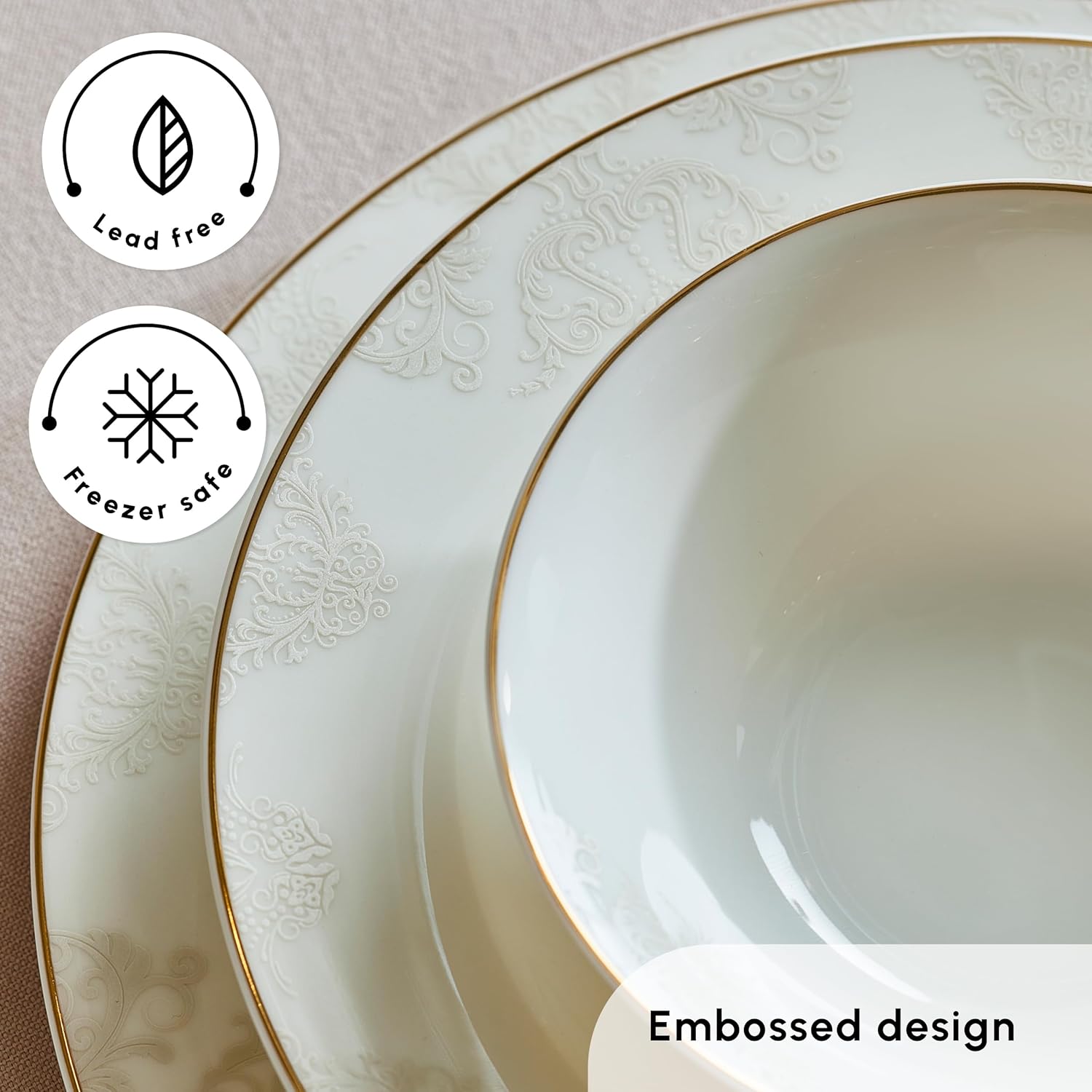 Karaca Siena 53-Piece Porcelain Plates and Bowls Set with Dinner & Dessert Plates, Shakers - Bone China Dishware Sets - Kitchen Dinnerware Set for 12 People