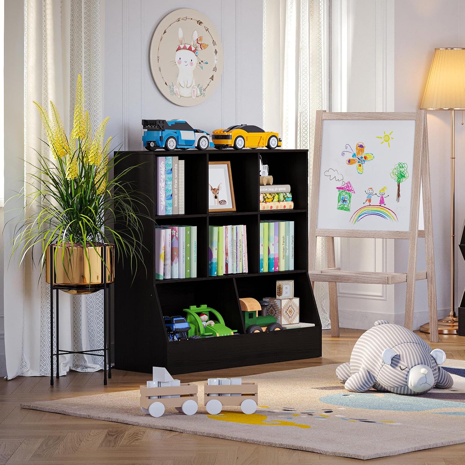 DINZI LVJ Toy Storage Organizer, Kids Bookshelf, Wood Toy Storage Cabinet, 3-Tier 8 Cubby Children Bookcase, 39.4' L Toddler Book Shelf for Playroom, Living Room, Nursery, Hallway, Classroom, Espresso