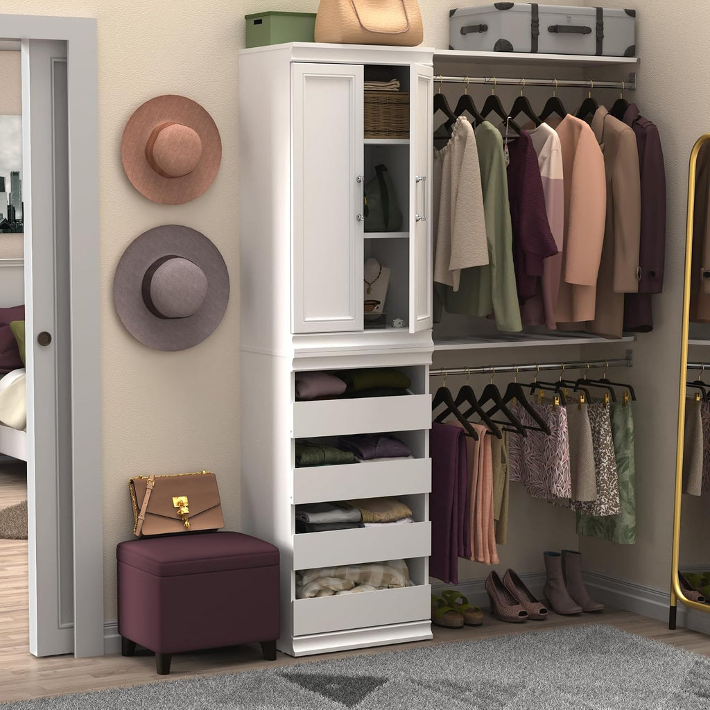 ClosetMaid Modular Storage Unit with 4 Drawers, Wood Closet Organizer, Stacking, Full Backer, Storage, Decorative Trim, White