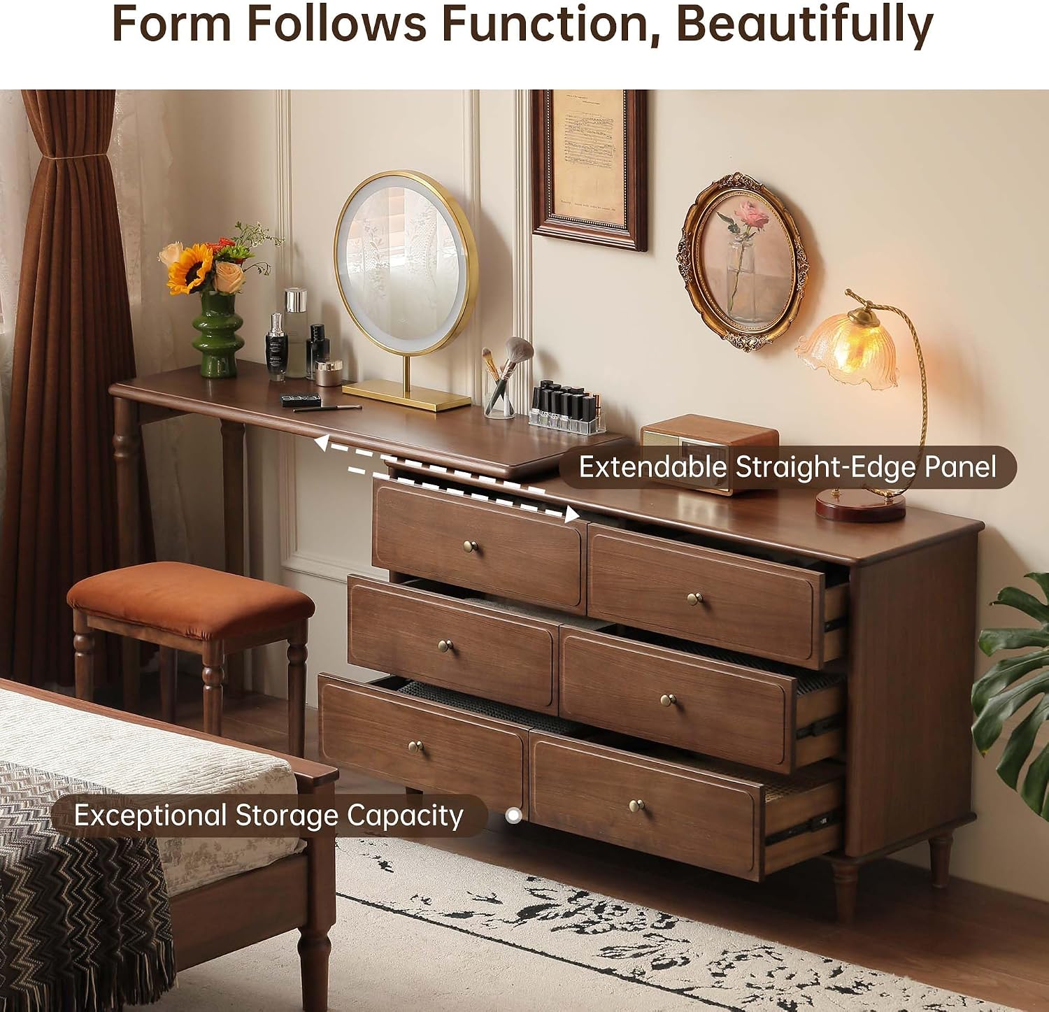 YESWOOD Large Vanity Desk with 6 Storage Dresser, North America Black Walnut Wood Adjustale Makeup Table for Girls, Vanity Set for Bedroom, Bathroom, 97' D x 16' W x 31' H（no Chair no Mirror）