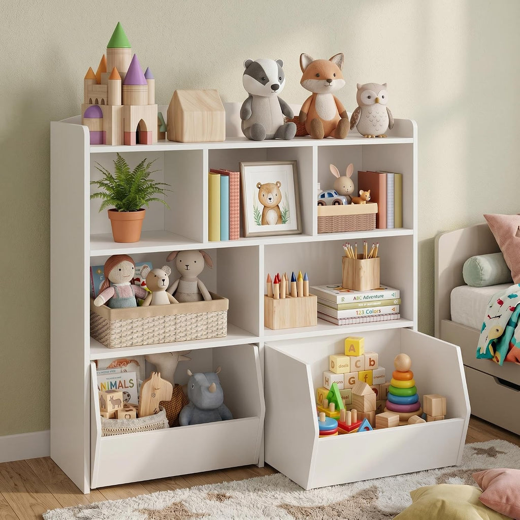 IDEALHOUSE Toy Storage Organizer with Movable Drawers, Kids Bookshelf with Hidden Wheels and 5 Open Cubbies, Multifunctional Storage Cabinet Chest for Playroom