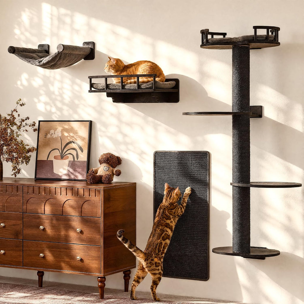 FUKUMARU Cat Wall Shelves, 4 in 1 Stable Wooden Wall-Mounted Furniture Set, Climbing Tree with Hammock, Bed, Perch and Scratching Mat (Black)