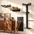FUKUMARU Cat Wall Shelves, 4 in 1 Stable Wooden Wall-Mounted Furniture Set, Climbing Tree with Hammock, Bed, Perch and Scratching Mat (Black)