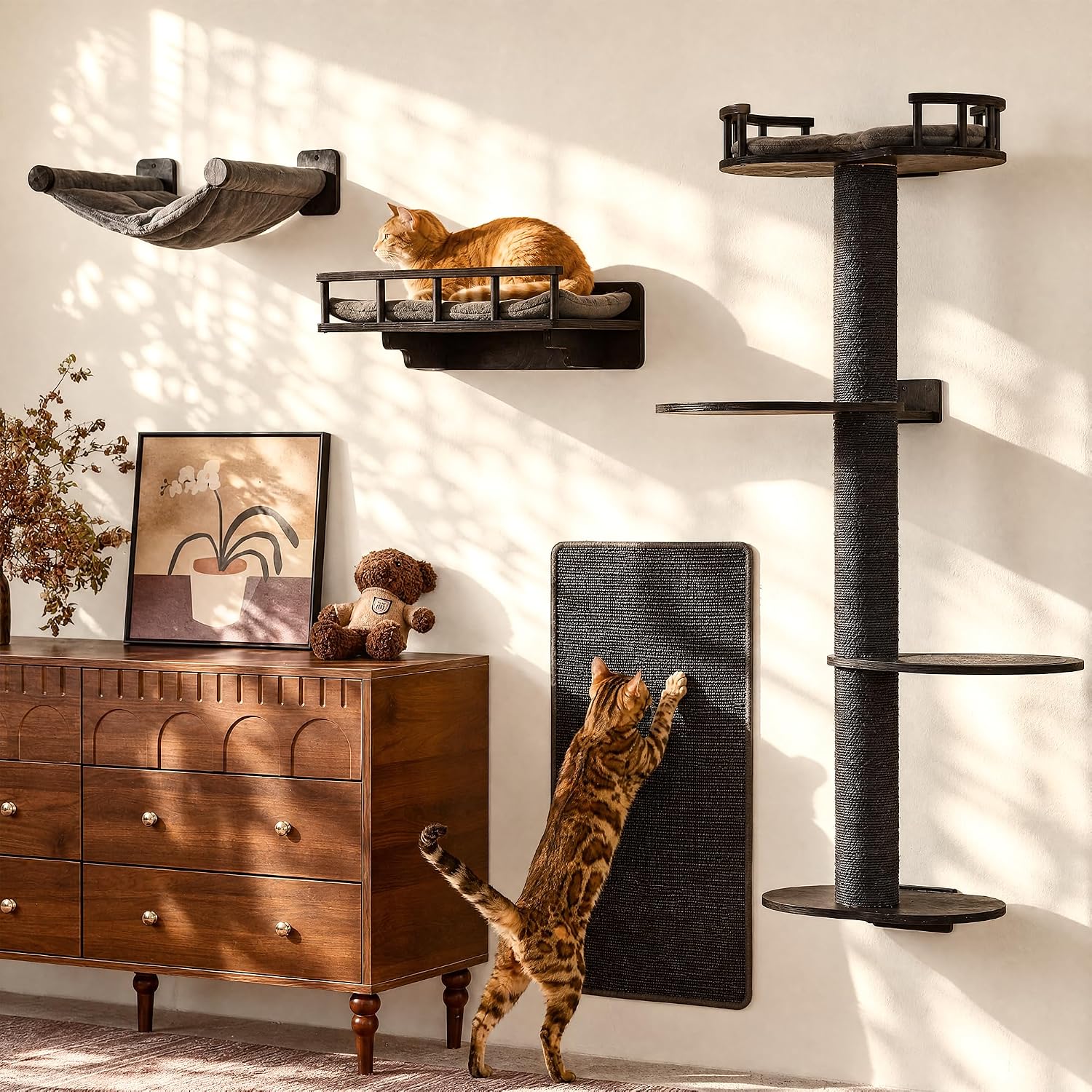 FUKUMARU Cat Wall Shelves, 4 in 1 Stable Wooden Wall-Mounted Furniture Set, Climbing Tree with Hammock, Bed, Perch and Scratching Mat (Black)