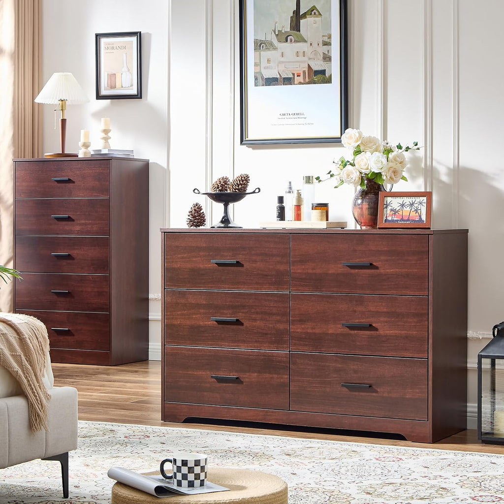 LIDYUK Dark Cherry Dresser for Bedroom, 6 Drawer Dressers & Chests of Drawers, Modern Wood Dresser, 48 Inches Wide Chest of Drawers for Bedroom, Hallway, Living Room