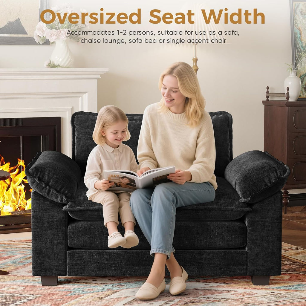 HUSFU Oversized Accent Chair, Chenille Cloud Sofa Chair with Deep Seat and Extra Wide Armrests, Comfy Reading Armchair for Living Room, Bedroom, Black, Set of 2