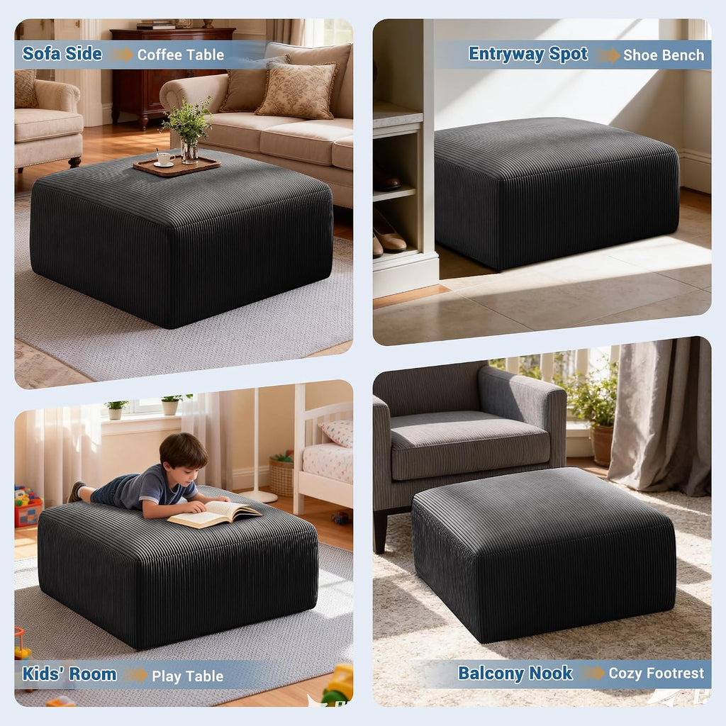 40' Oversized Square Corduroy Ottoman Pouf - Poofy Soft Foot Rest with Foam Chunk Filling, Movable Large Ottoman Pouf Footstool for Living Room Sofa Couch Bedroom, Black(1 Piece)