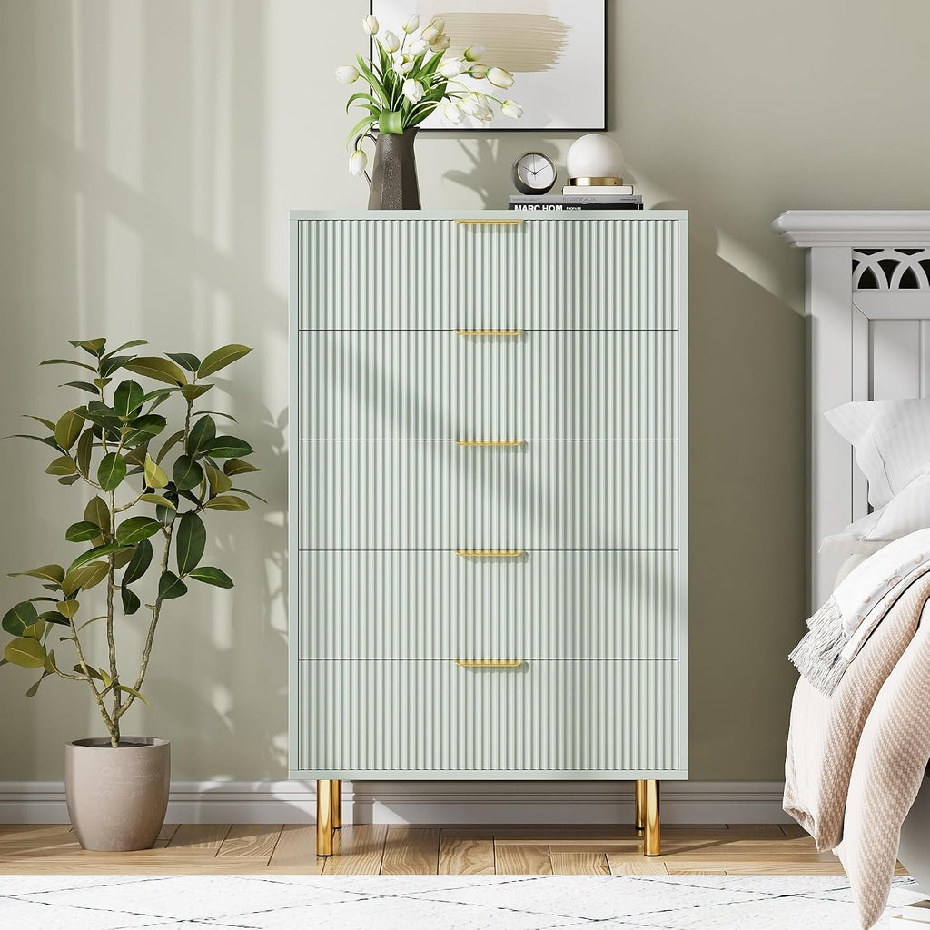 GarveeHome Green Dresser, Modern 5 Drawer Dresser for Bedroom with Gold Handle and Large Drawer, Wood Double Chest of Drawers and Storage Organizer for Living Room, Hallway, Entryway